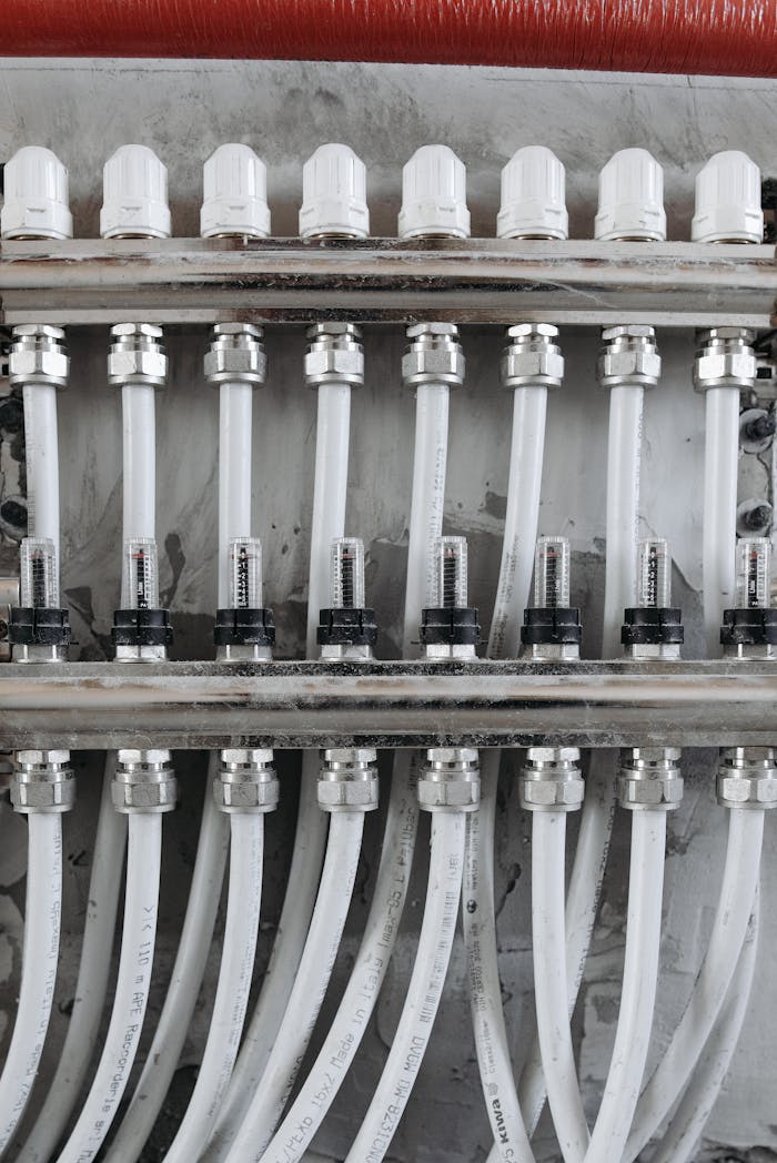 Close-up view of an industrial pipe connection system with gauges and valves.